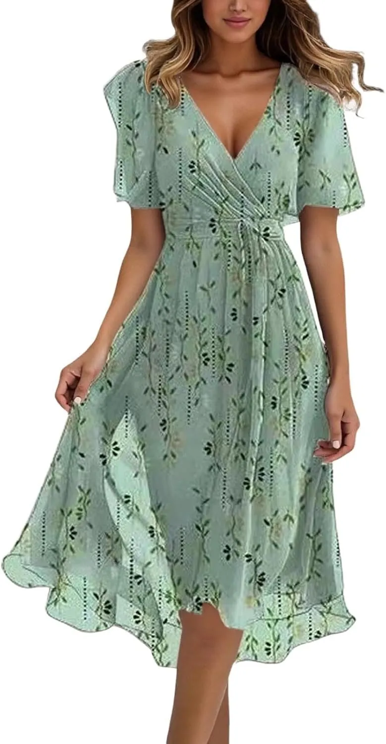 Womens Boho Floral Printed Chiffon Dresses 2025 Elegant V Neck Short Sleeve Belted Summer Wedding Prom Midi Dress