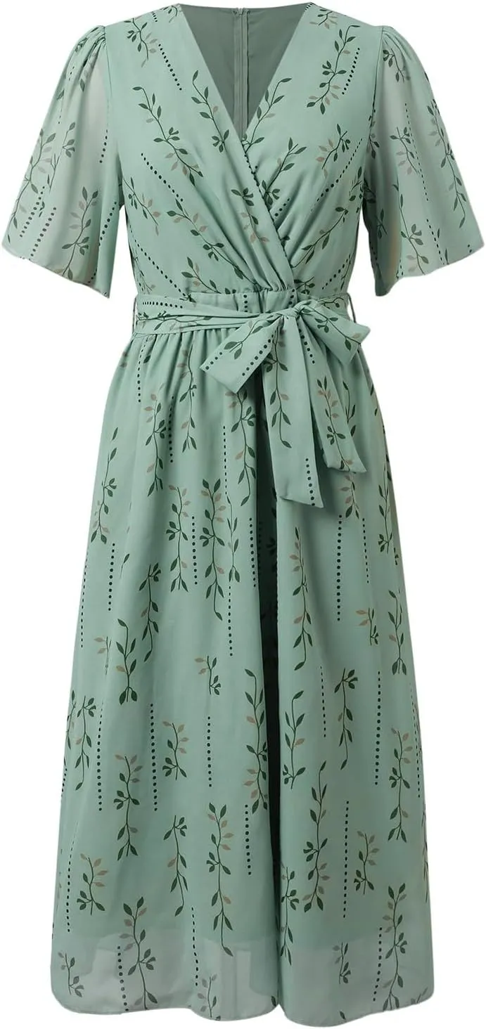 Womens Boho Floral Printed Chiffon Dresses 2025 Elegant V Neck Short Sleeve Belted Summer Wedding Prom Midi Dress