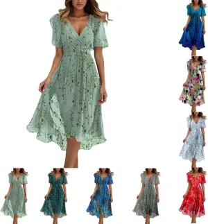 Womens Boho Floral Printed Chiffon Dresses 2025 Elegant V Neck Short Sleeve Belted Summer Wedding Prom Midi Dress