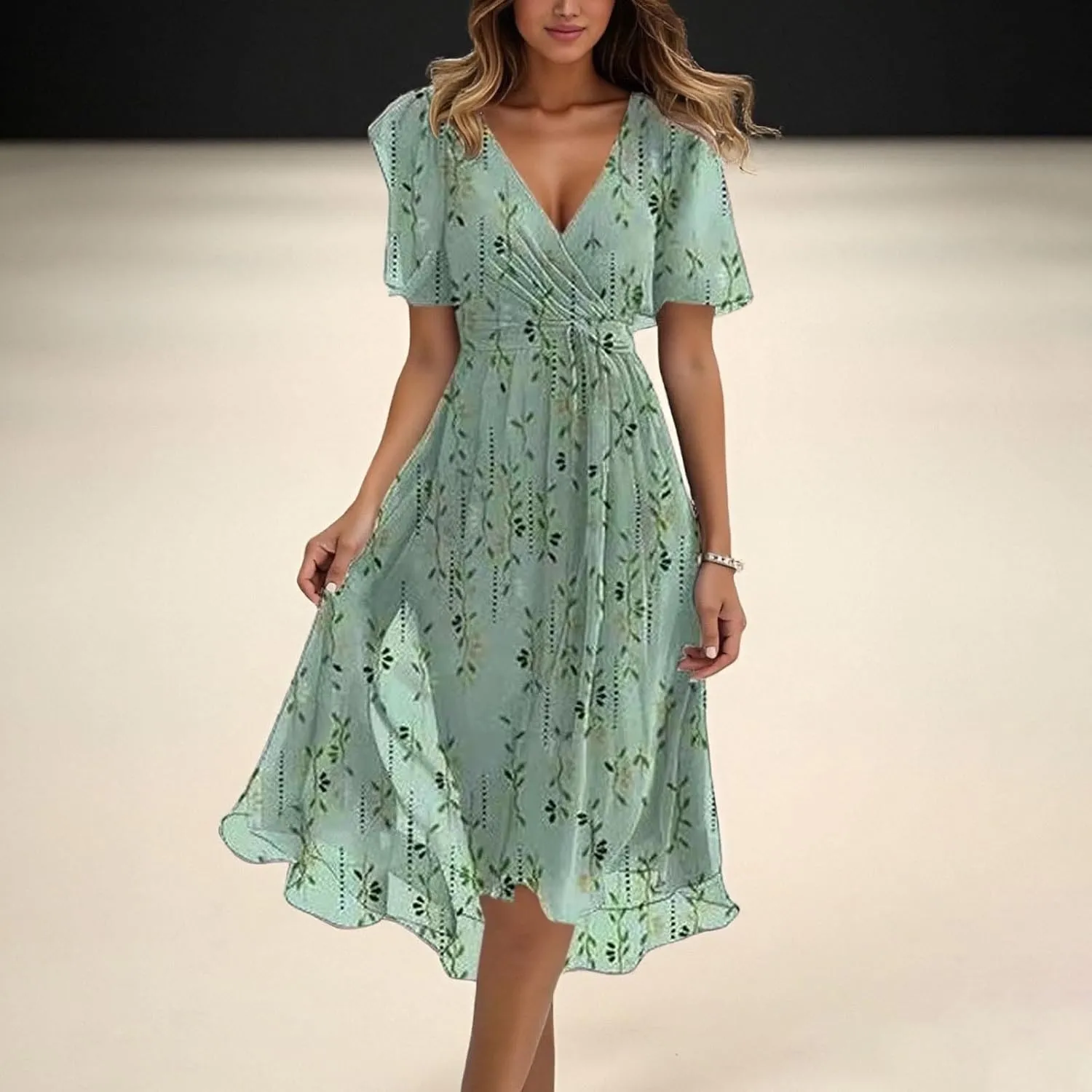 Womens Boho Floral Printed Chiffon Dresses 2025 Elegant V Neck Short Sleeve Belted Summer Wedding Prom Midi Dress