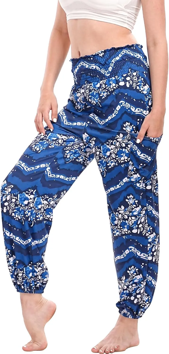 Womens Boho Pants, High Waist Harem Yoga Trousers Bohemian Casual Clothes with Pockets