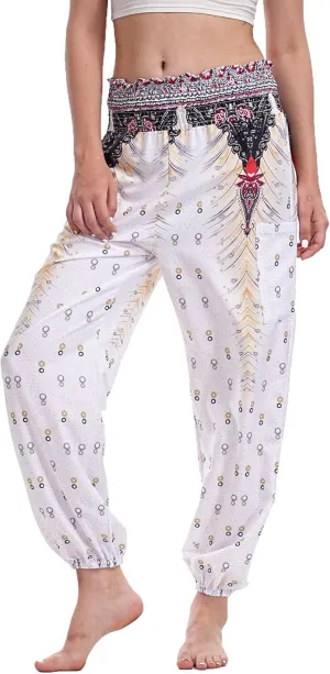 Womens Boho Pants, High Waist Harem Yoga Trousers Bohemian Casual Clothes with Pockets