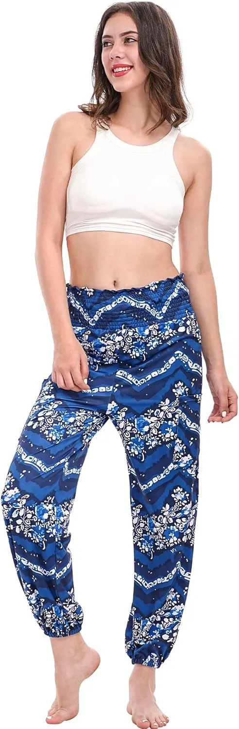 Womens Boho Pants, High Waist Harem Yoga Trousers Bohemian Casual Clothes with Pockets