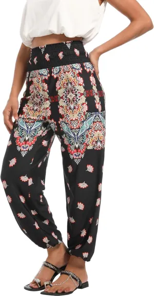 Womens Boho Pants, High Waist Harem Yoga Trousers Bohemian Casual Clothes with Pockets