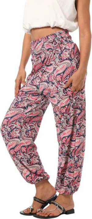 Womens Boho Pants, High Waist Harem Yoga Trousers Bohemian Casual Clothes with Pockets