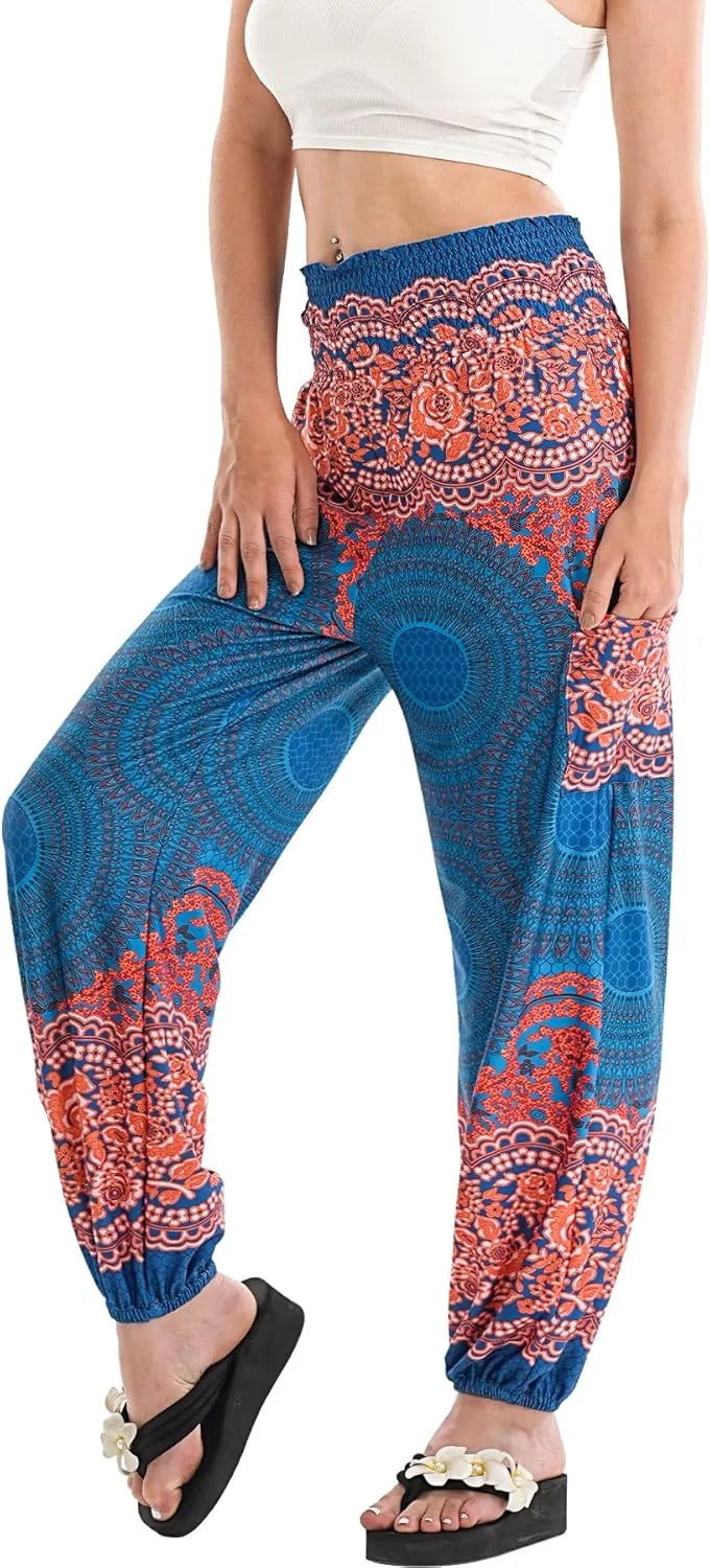 Womens Boho Pants, High Waist Harem Yoga Trousers Bohemian Casual Clothes with Pockets