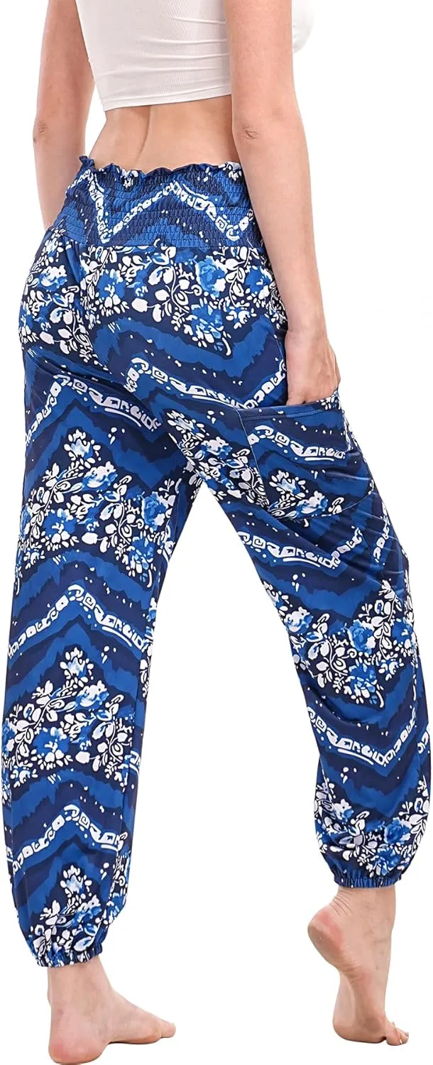 Womens Boho Pants, High Waist Harem Yoga Trousers Bohemian Casual Clothes with Pockets