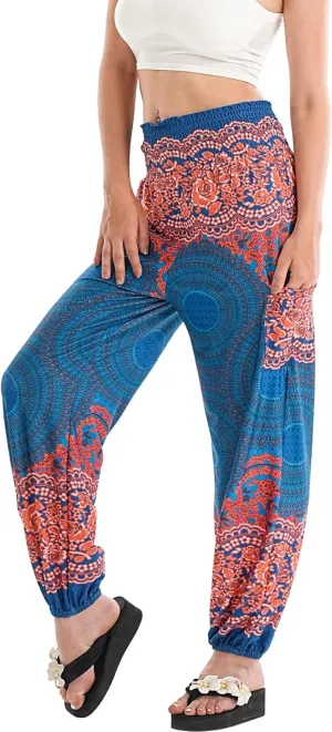 Womens Boho Pants, High Waist Harem Yoga Trousers Bohemian Casual Clothes with Pockets