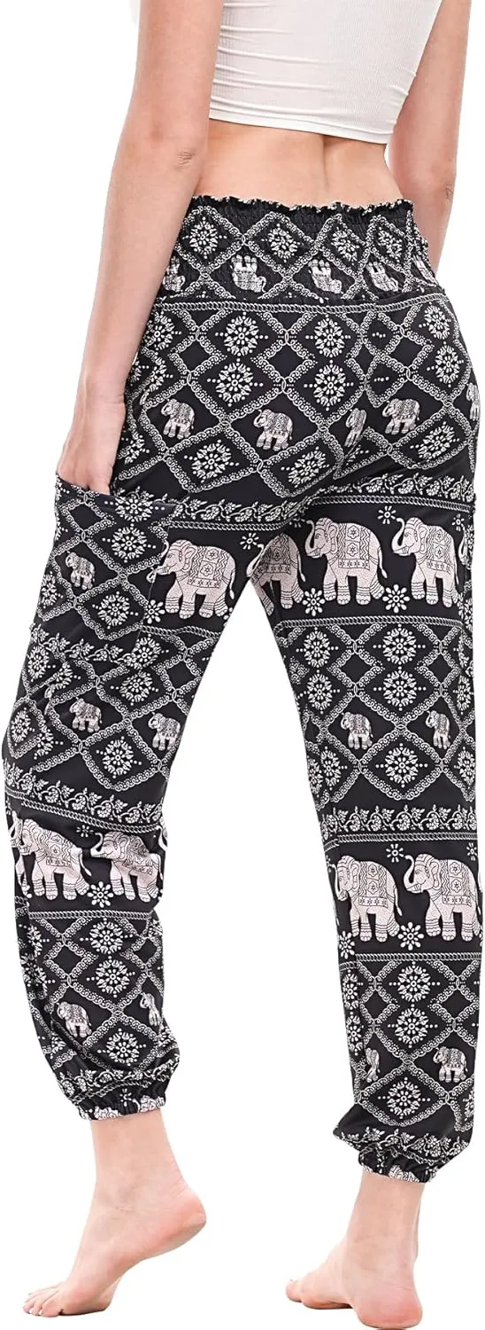 Womens Boho Pants, High Waist Harem Yoga Trousers Bohemian Casual Clothes with Pockets