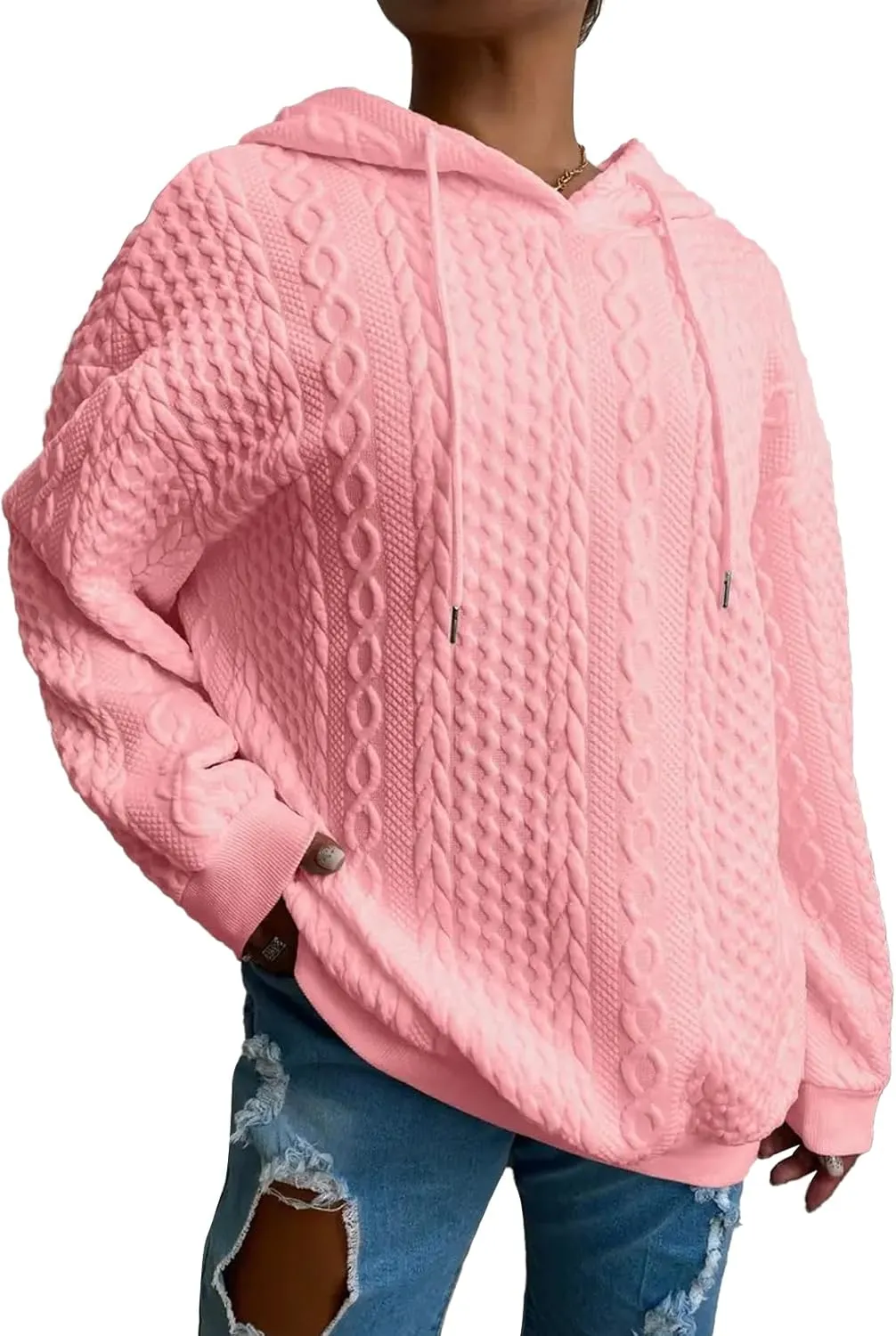 Women's Cable Knitted Hoodies Drawstring Long Sleeve Hooded Sweatshirt Casual Oversized Chunky Sweaters for Women
