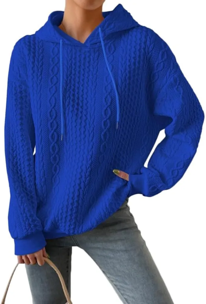 Women's Cable Knitted Hoodies Drawstring Long Sleeve Hooded Sweatshirt Casual Oversized Chunky Sweaters for Women