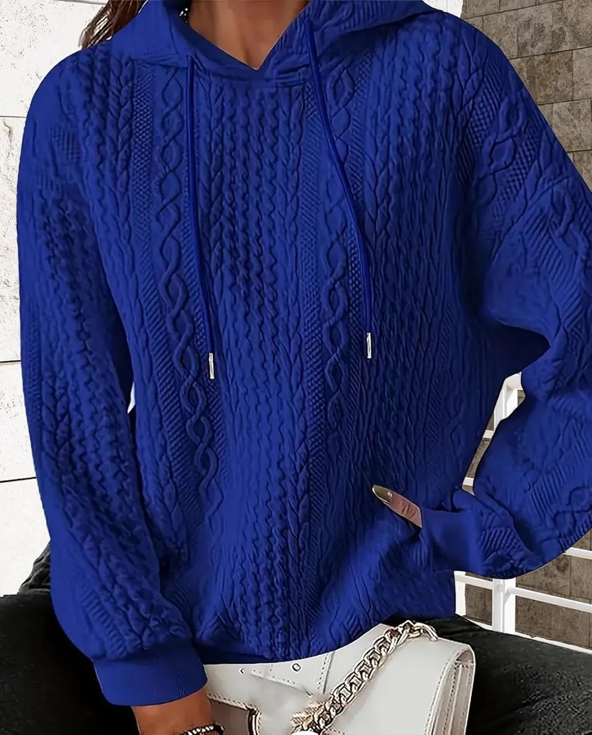 Women's Cable Knitted Hoodies Drawstring Long Sleeve Hooded Sweatshirt Casual Oversized Chunky Sweaters for Women