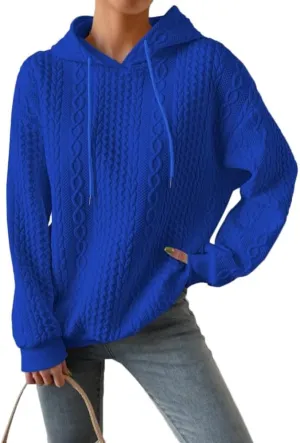 Women's Cable Knitted Hoodies Drawstring Long Sleeve Hooded Sweatshirt Casual Oversized Chunky Sweaters for Women
