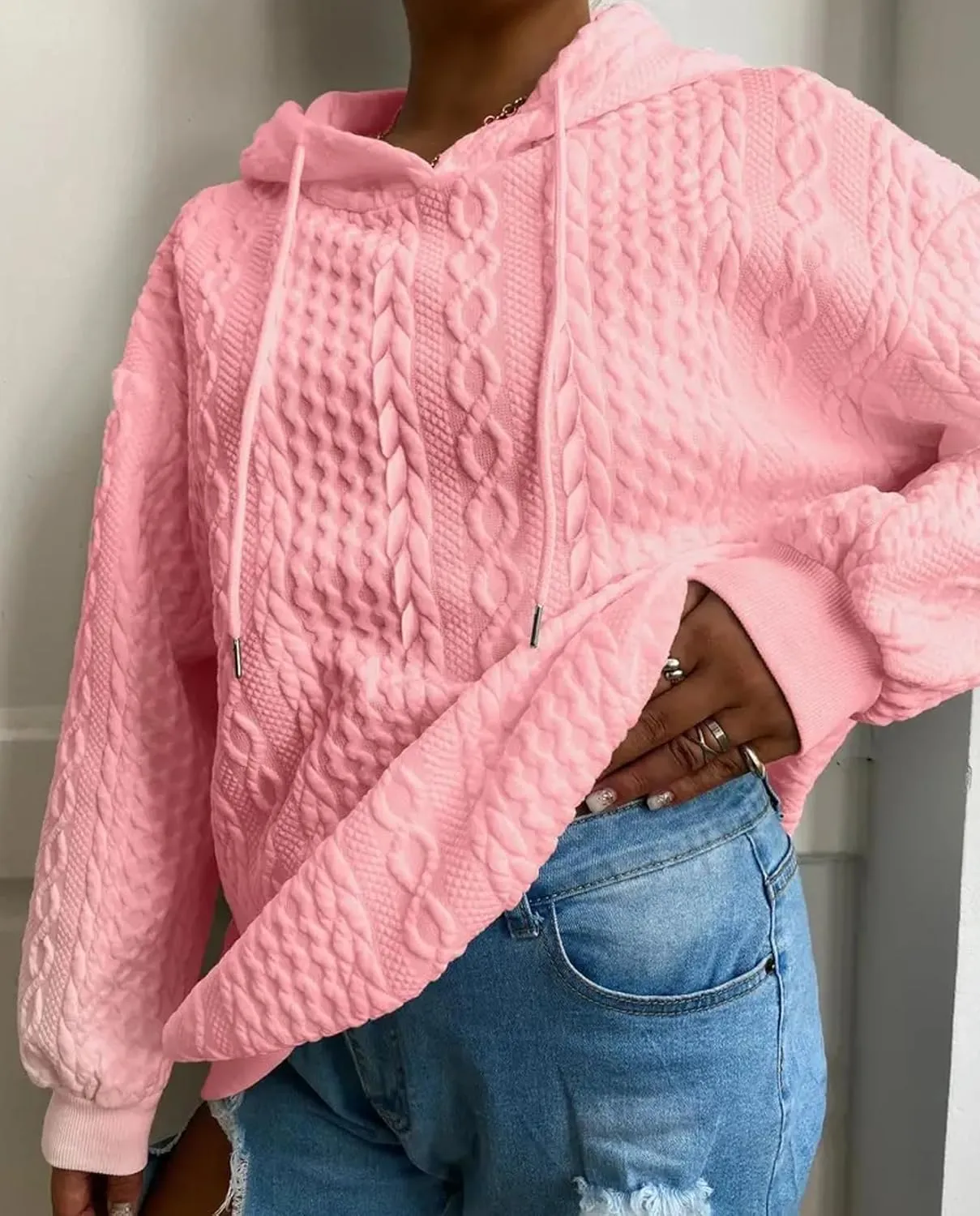 Women's Cable Knitted Hoodies Drawstring Long Sleeve Hooded Sweatshirt Casual Oversized Chunky Sweaters for Women
