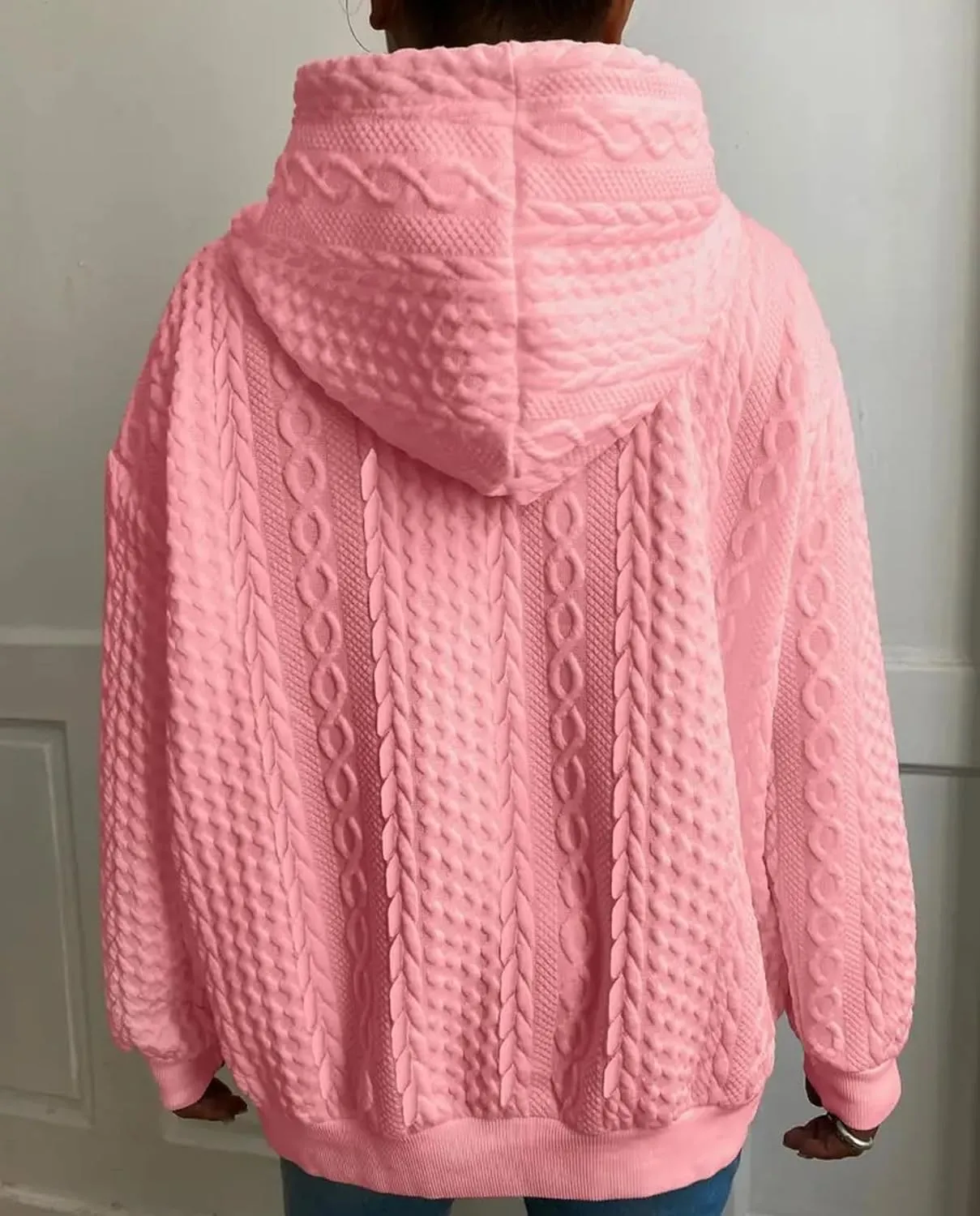 Women's Cable Knitted Hoodies Drawstring Long Sleeve Hooded Sweatshirt Casual Oversized Chunky Sweaters for Women