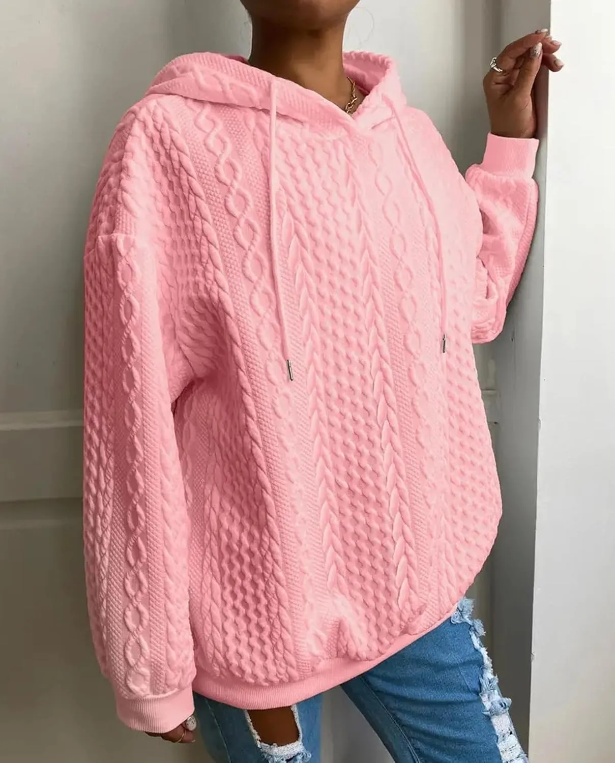 Women's Cable Knitted Hoodies Drawstring Long Sleeve Hooded Sweatshirt Casual Oversized Chunky Sweaters for Women