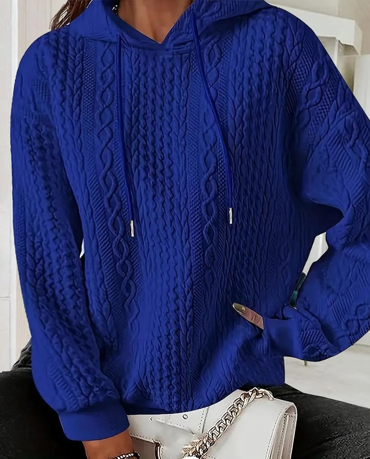 Women's Cable Knitted Hoodies Drawstring Long Sleeve Hooded Sweatshirt Casual Oversized Chunky Sweaters for Women