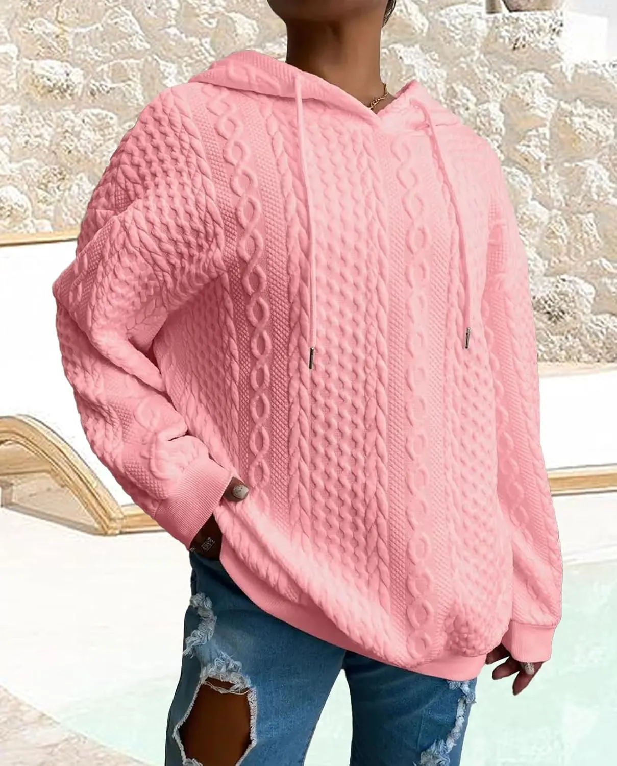 Women's Cable Knitted Hoodies Drawstring Long Sleeve Hooded Sweatshirt Casual Oversized Chunky Sweaters for Women