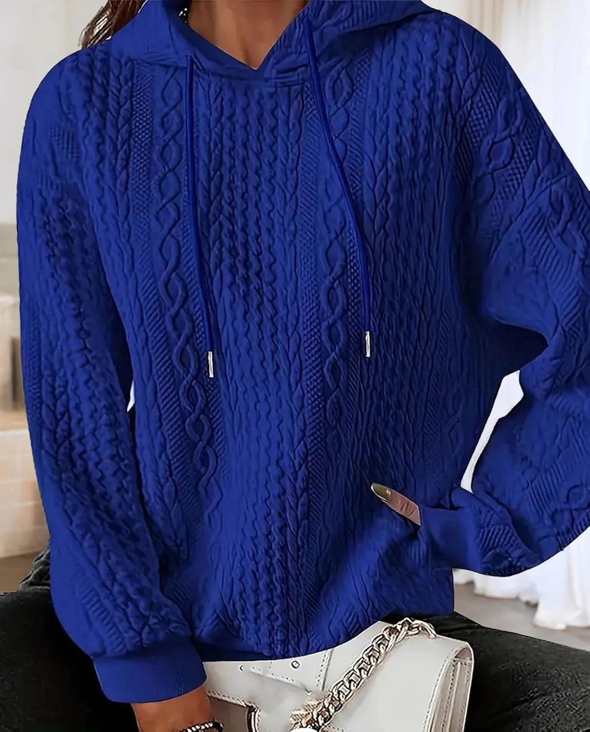Women's Cable Knitted Hoodies Drawstring Long Sleeve Hooded Sweatshirt Casual Oversized Chunky Sweaters for Women