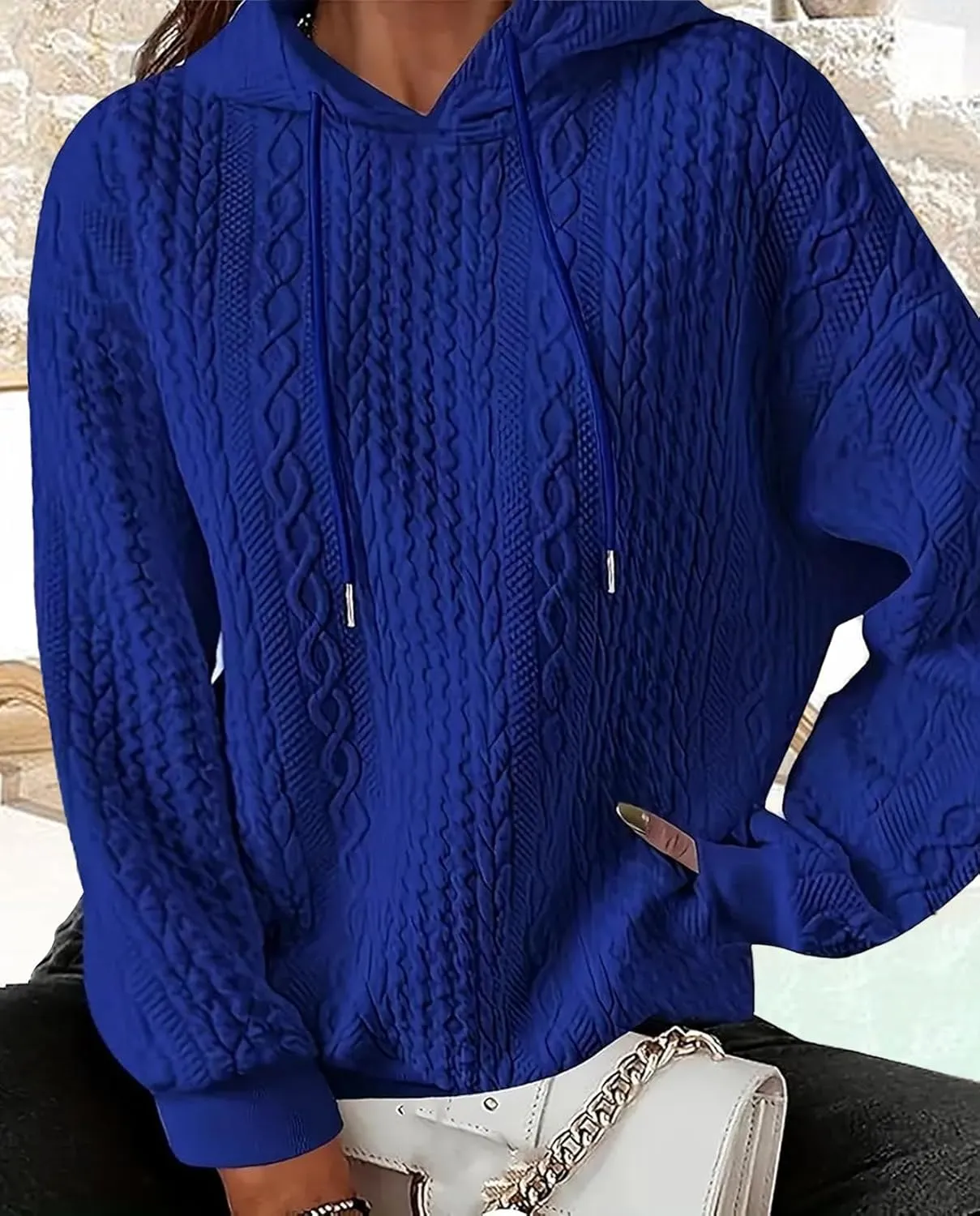 Women's Cable Knitted Hoodies Drawstring Long Sleeve Hooded Sweatshirt Casual Oversized Chunky Sweaters for Women
