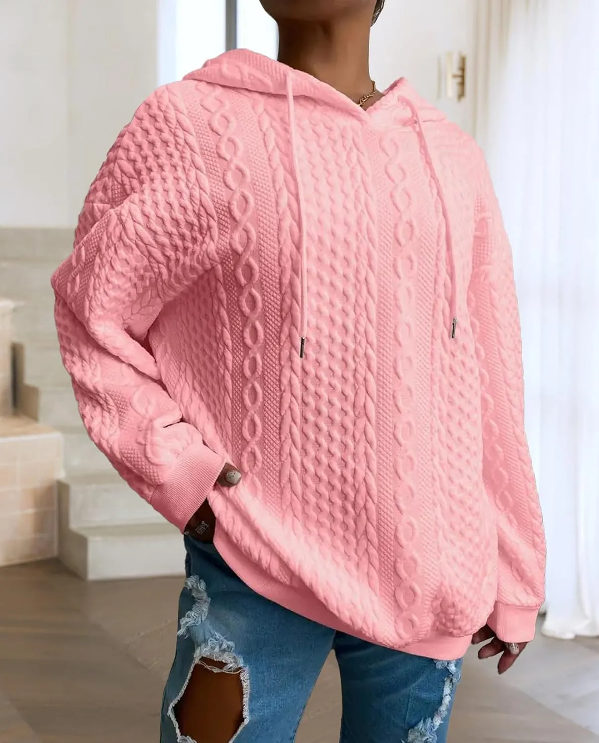Women's Cable Knitted Hoodies Drawstring Long Sleeve Hooded Sweatshirt Casual Oversized Chunky Sweaters for Women