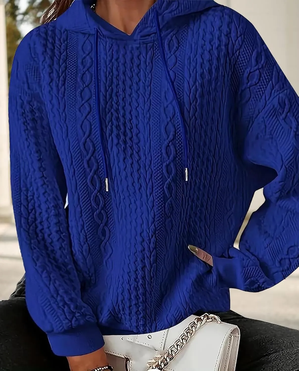 Women's Cable Knitted Hoodies Drawstring Long Sleeve Hooded Sweatshirt Casual Oversized Chunky Sweaters for Women