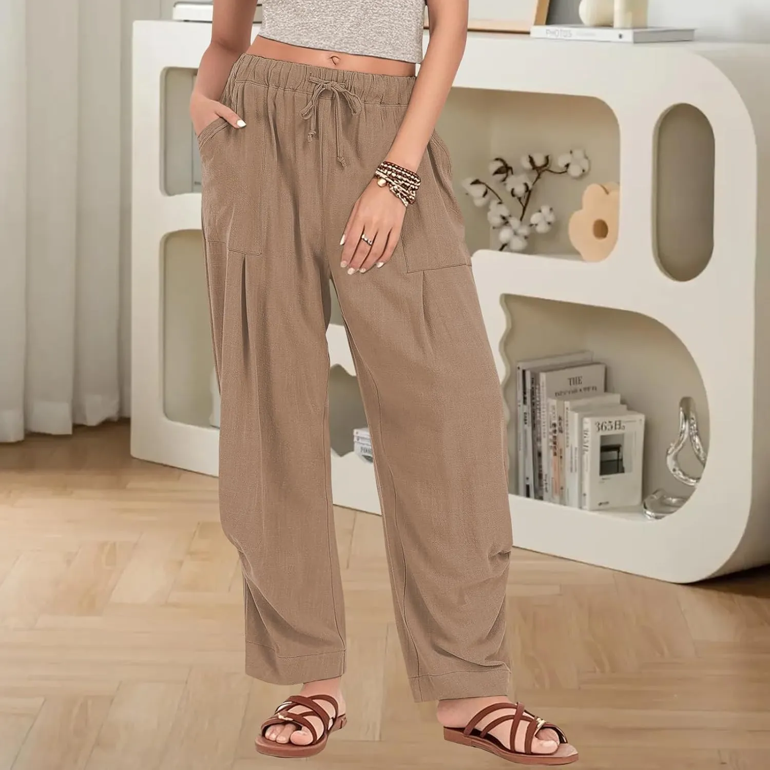 Womens Capri Palazzo Pants 2025 Summer Casual Loose Cropped Wide Leg High Waisted Flowy Lounge Beach Work Trousers