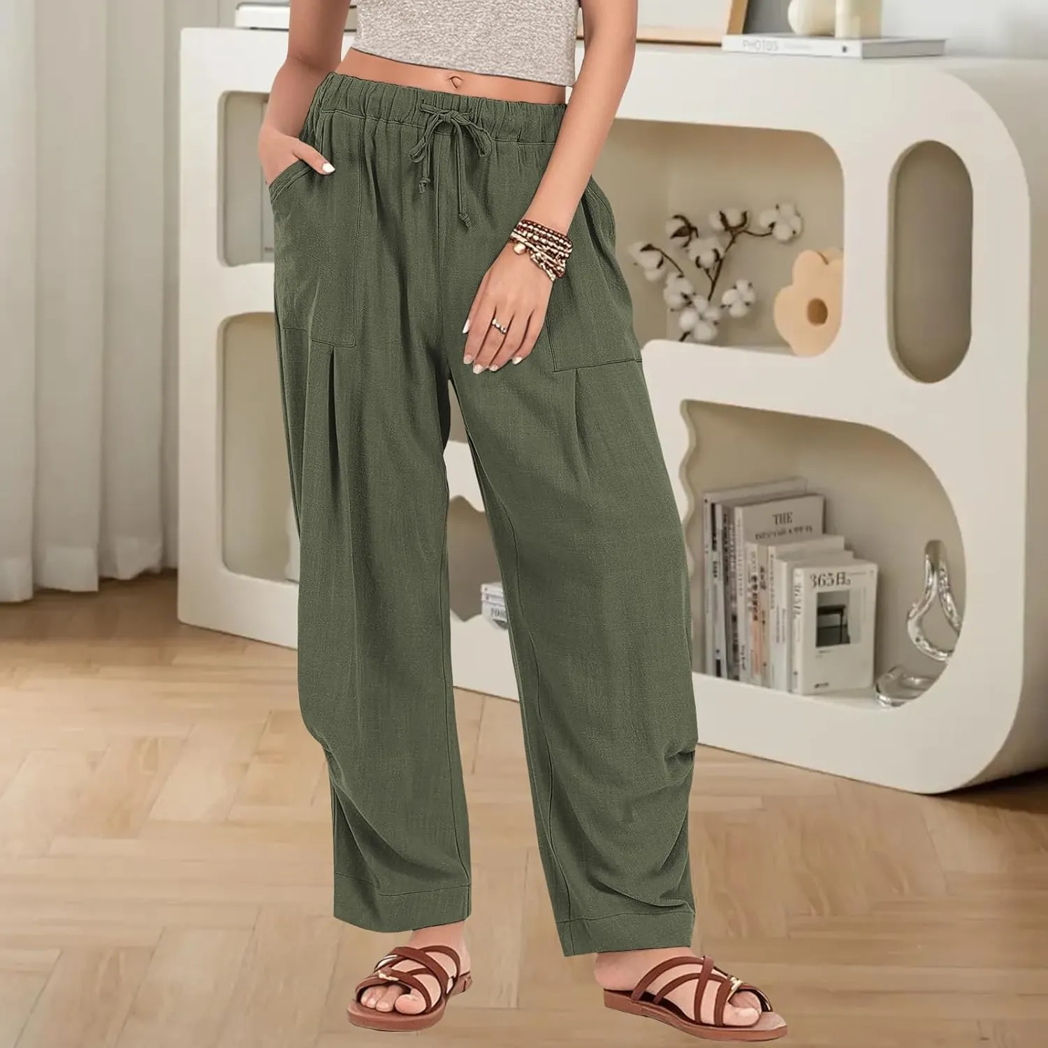 Womens Capri Palazzo Pants 2025 Summer Casual Loose Cropped Wide Leg High Waisted Flowy Lounge Beach Work Trousers