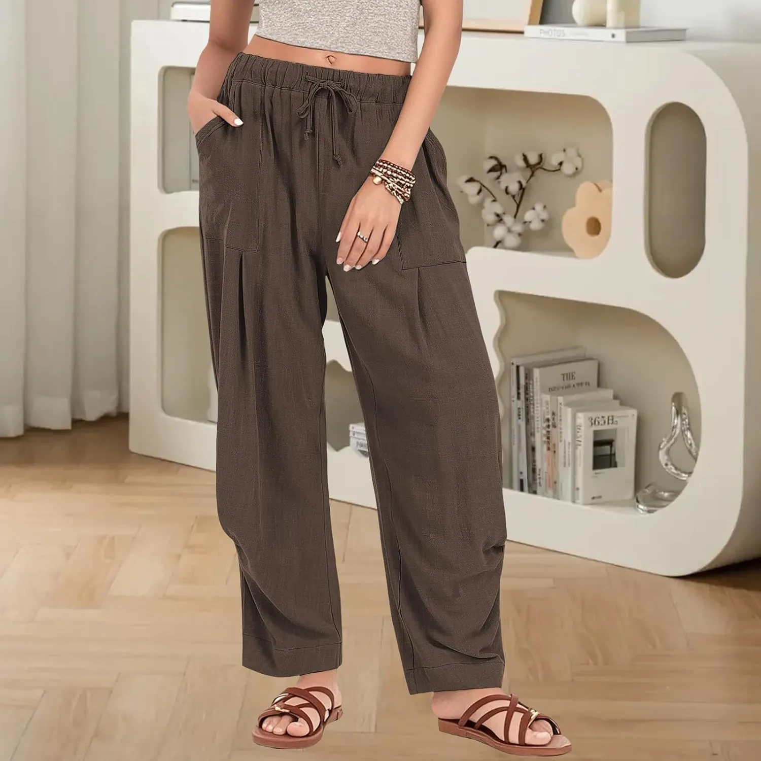 Womens Capri Palazzo Pants 2025 Summer Casual Loose Cropped Wide Leg High Waisted Flowy Lounge Beach Work Trousers