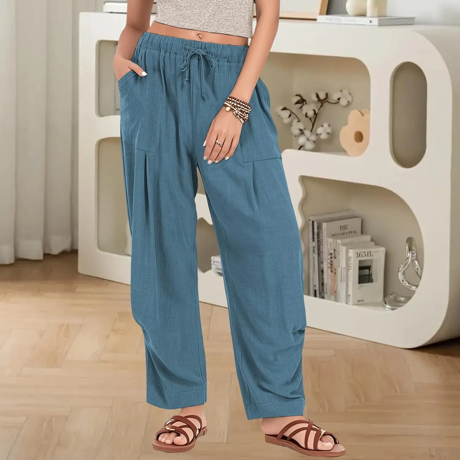 Womens Capri Palazzo Pants 2025 Summer Casual Loose Cropped Wide Leg High Waisted Flowy Lounge Beach Work Trousers