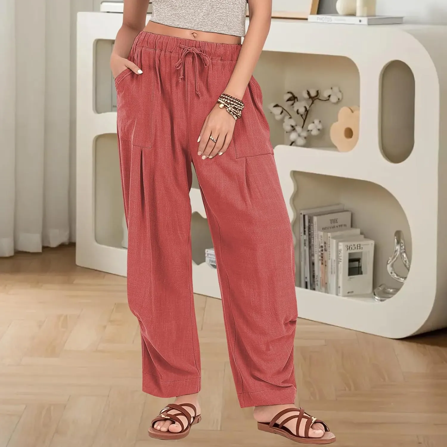Womens Capri Palazzo Pants 2025 Summer Casual Loose Cropped Wide Leg High Waisted Flowy Lounge Beach Work Trousers