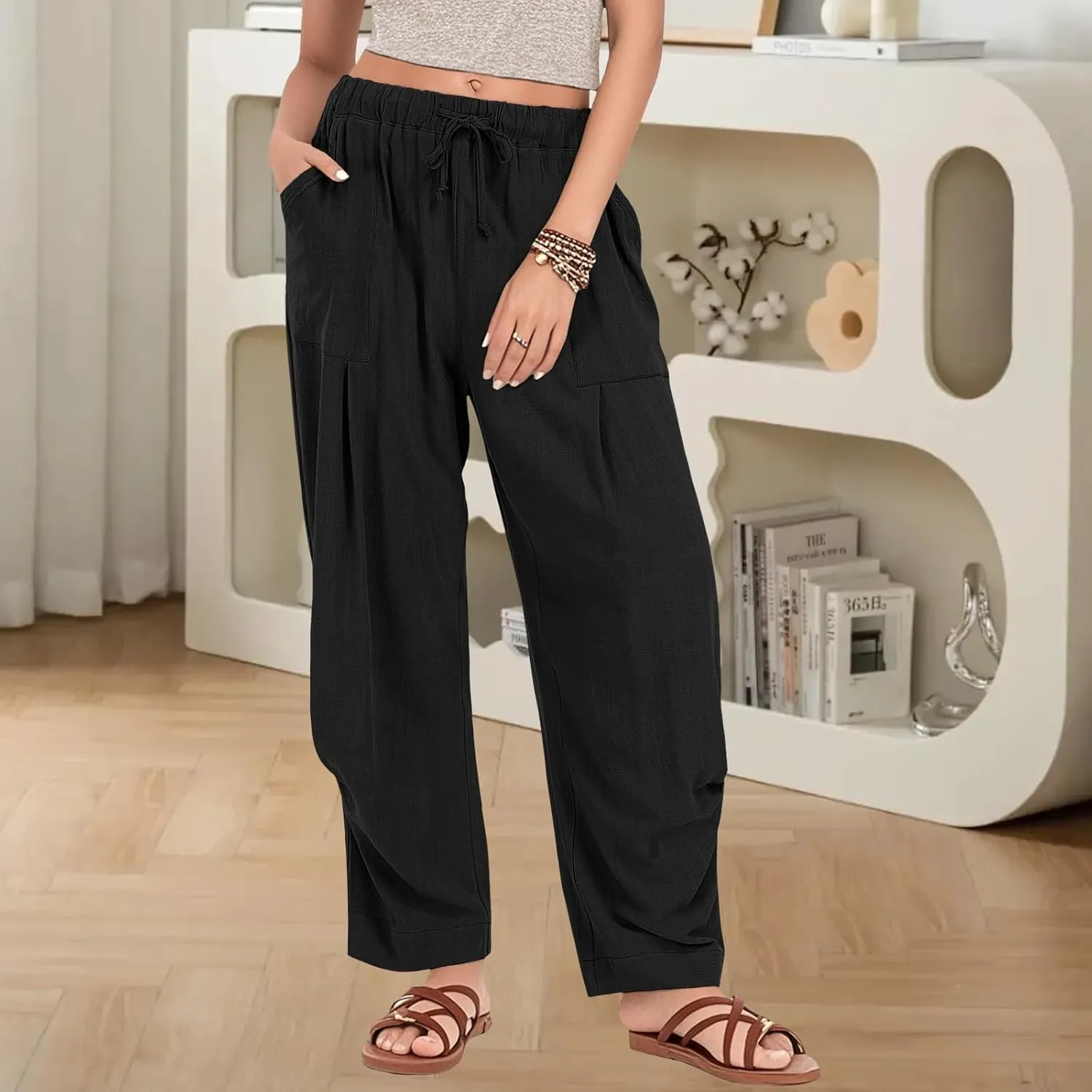 Womens Capri Palazzo Pants 2025 Summer Casual Loose Cropped Wide Leg High Waisted Flowy Lounge Beach Work Trousers