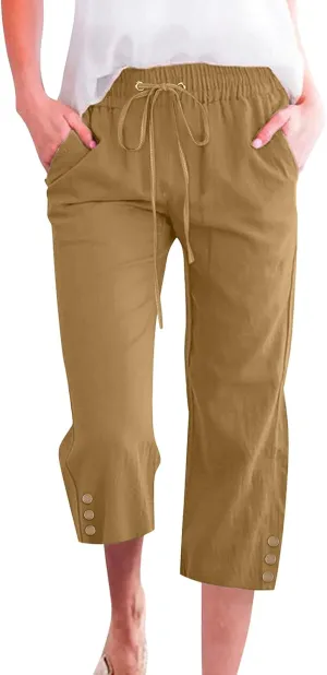 Womens Capris Pants High Waist Drawstring Comfy Casual Pants Lightweight Loose Trousers Buttons Trim with Pockets 13-Coffee Medium-1