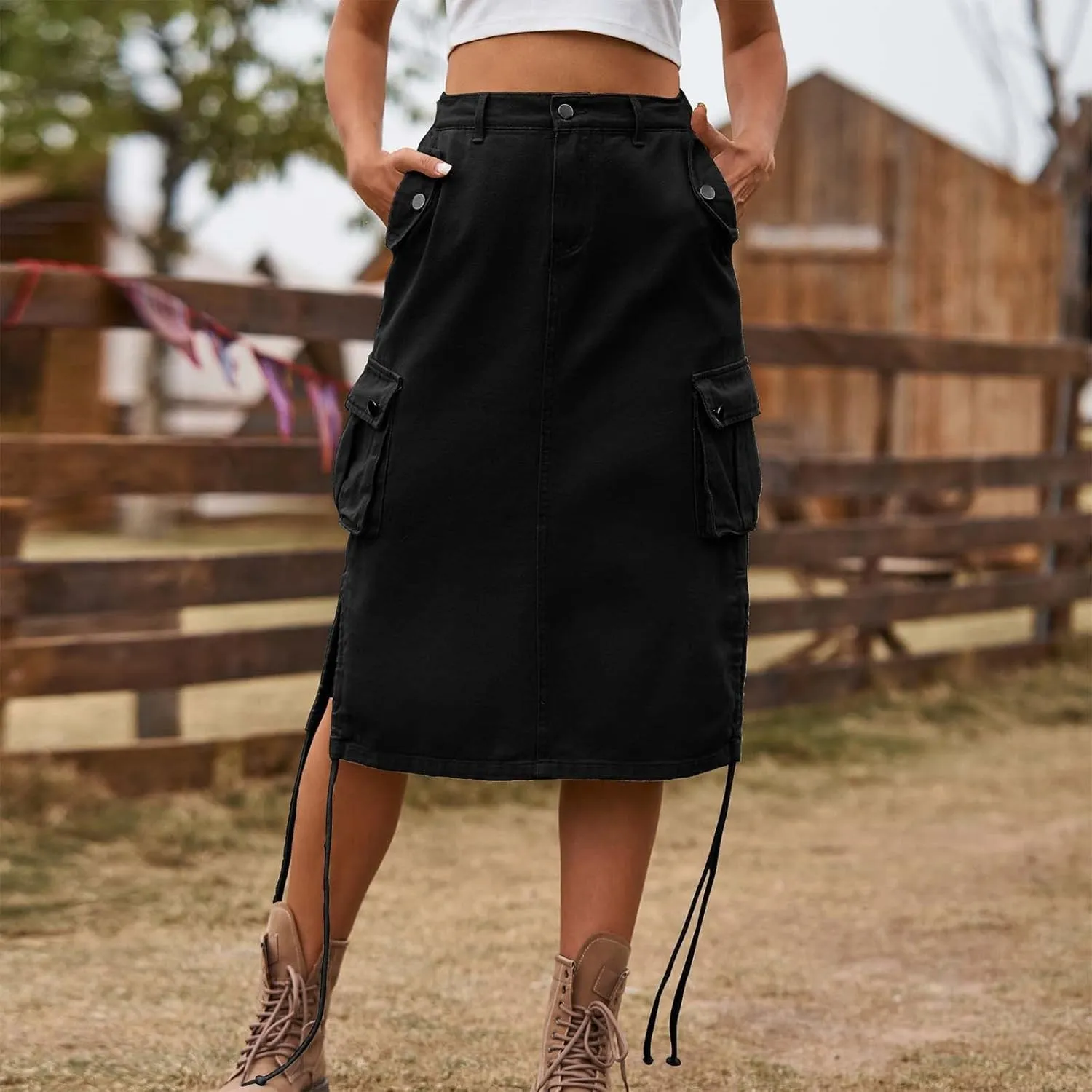 Women's Cargo Denim Skirt High Waisted Summer Casual Work Jeans Dresses Side Drawstring Midi Skirt with Pockets