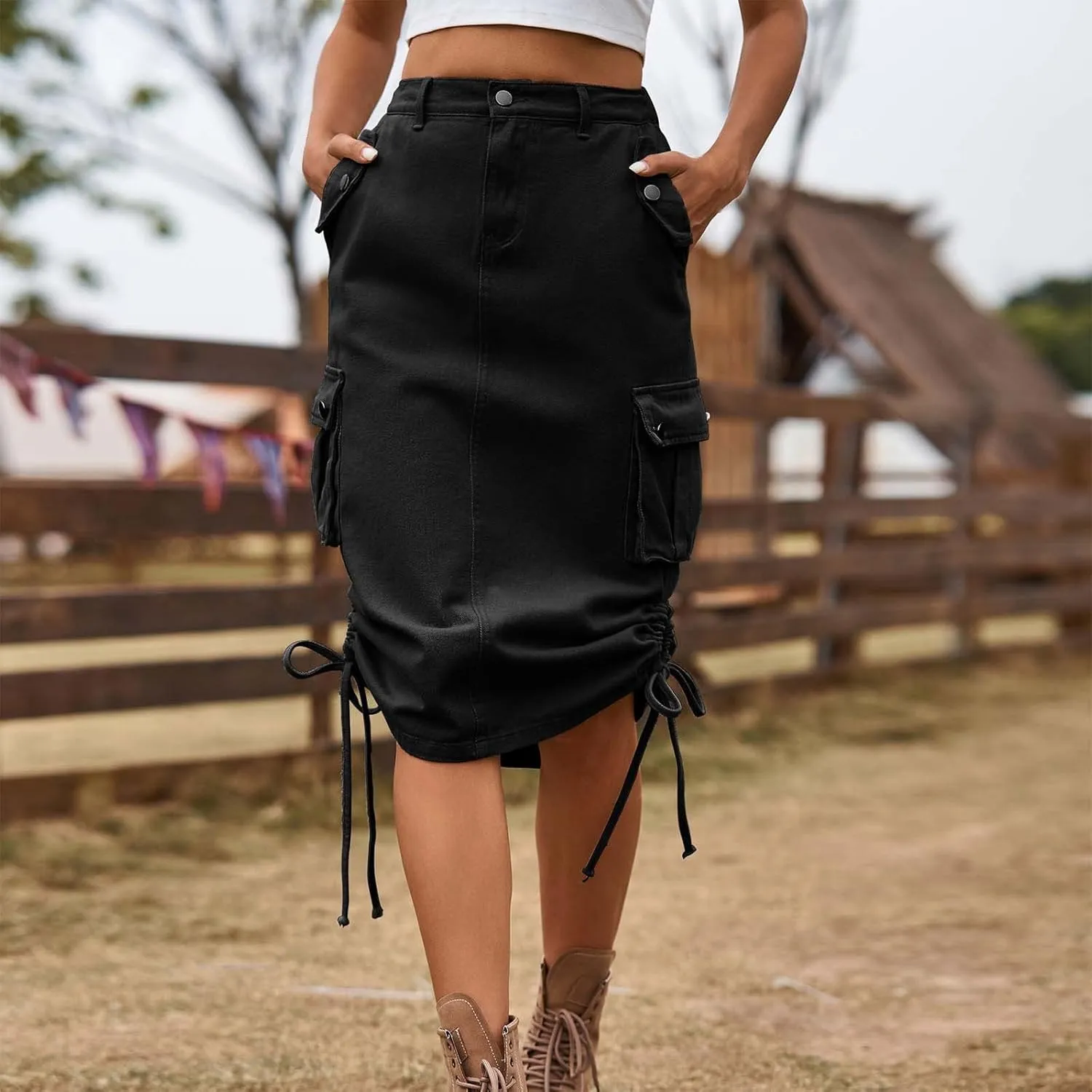 Women's Cargo Denim Skirt High Waisted Summer Casual Work Jeans Dresses Side Drawstring Midi Skirt with Pockets
