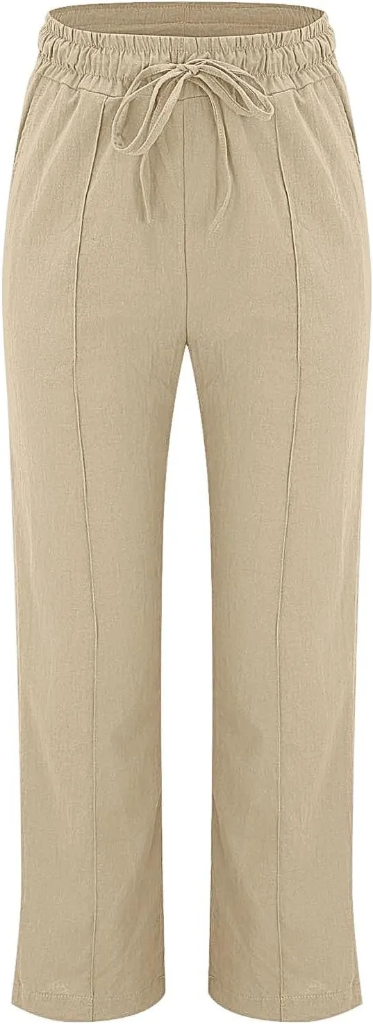 Womens Casual Cotton Linen Pants Lightweight Summer Relax Fit Elastic Waist Plus Size Solid Lounge Long Trousers