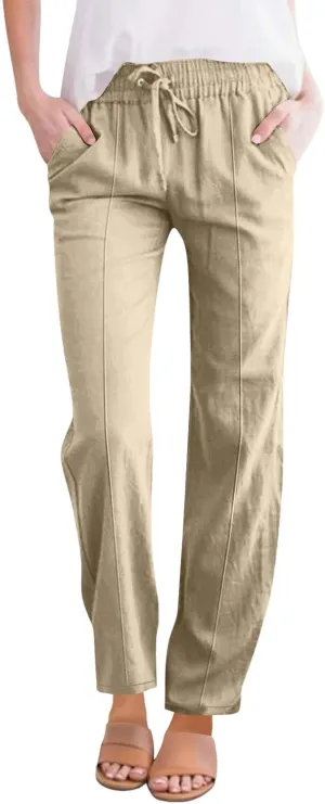 Womens Casual Cotton Linen Pants Lightweight Summer Relax Fit Elastic Waist Plus Size Solid Lounge Long Trousers