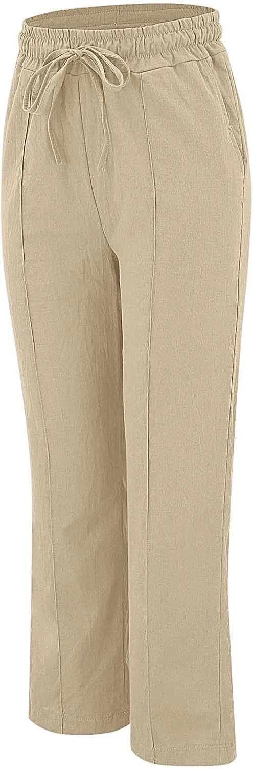 Womens Casual Cotton Linen Pants Lightweight Summer Relax Fit Elastic Waist Plus Size Solid Lounge Long Trousers