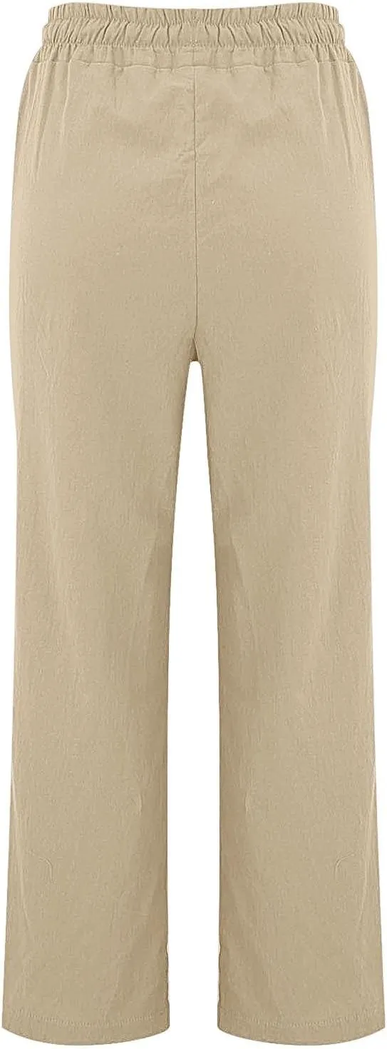 Womens Casual Cotton Linen Pants Lightweight Summer Relax Fit Elastic Waist Plus Size Solid Lounge Long Trousers
