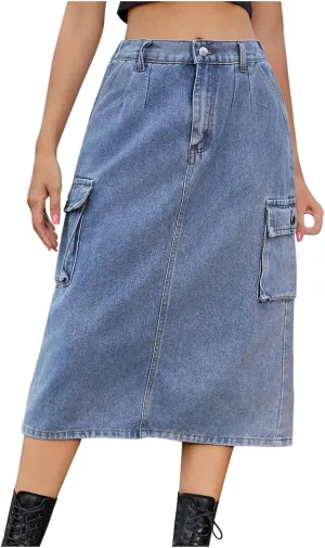 Womens Casual Denim Skirt Button High Waisted Split A-line Midi Skirt Bodycon Pencil Jean Skirt with 2 Flap Pockets