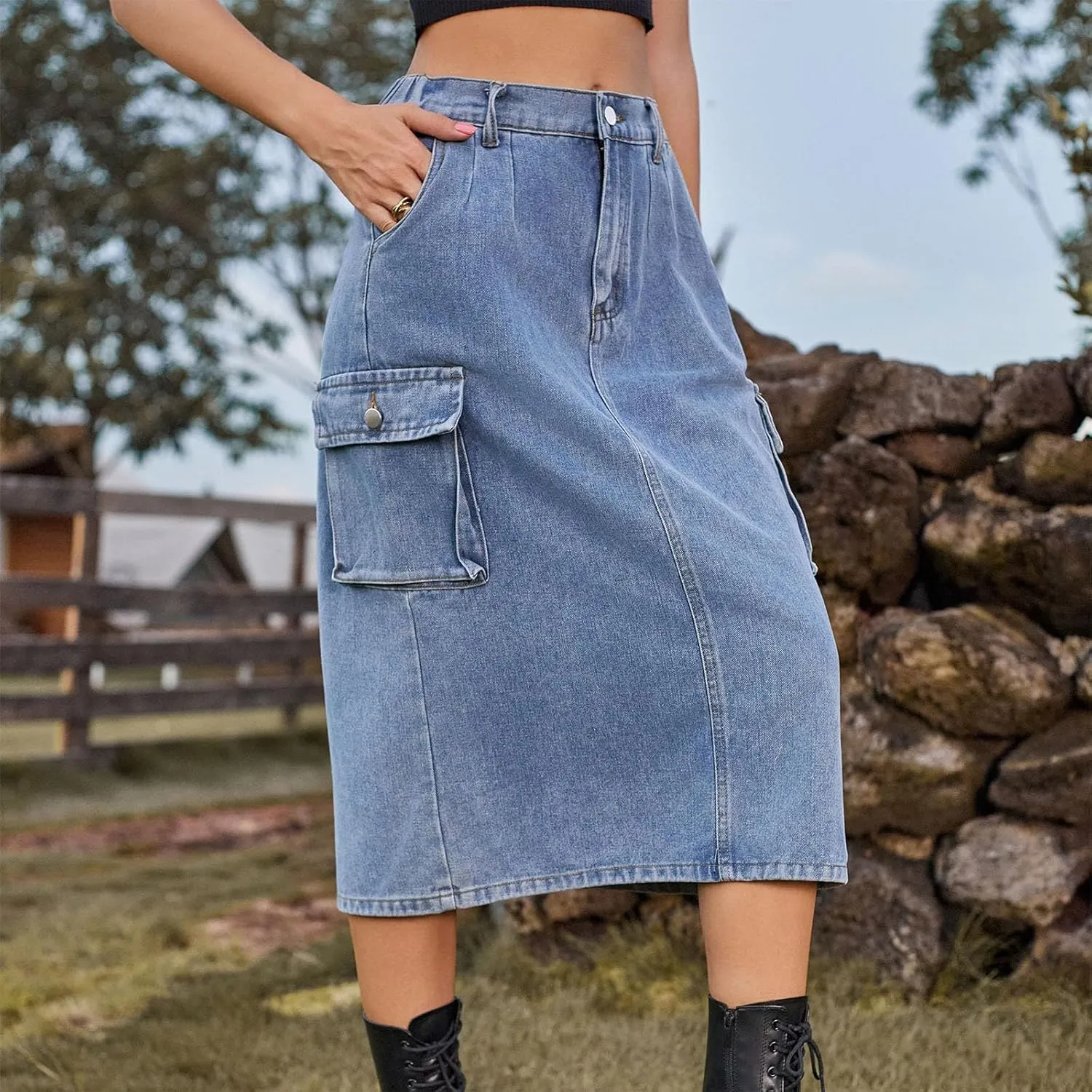 Womens Casual Denim Skirt Button High Waisted Split A-line Midi Skirt Bodycon Pencil Jean Skirt with 2 Flap Pockets