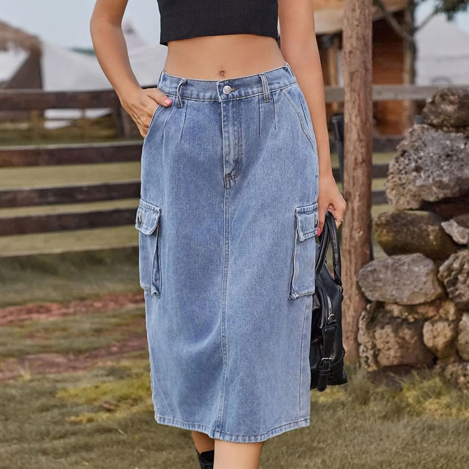 Womens Casual Denim Skirt Button High Waisted Split A-line Midi Skirt Bodycon Pencil Jean Skirt with 2 Flap Pockets