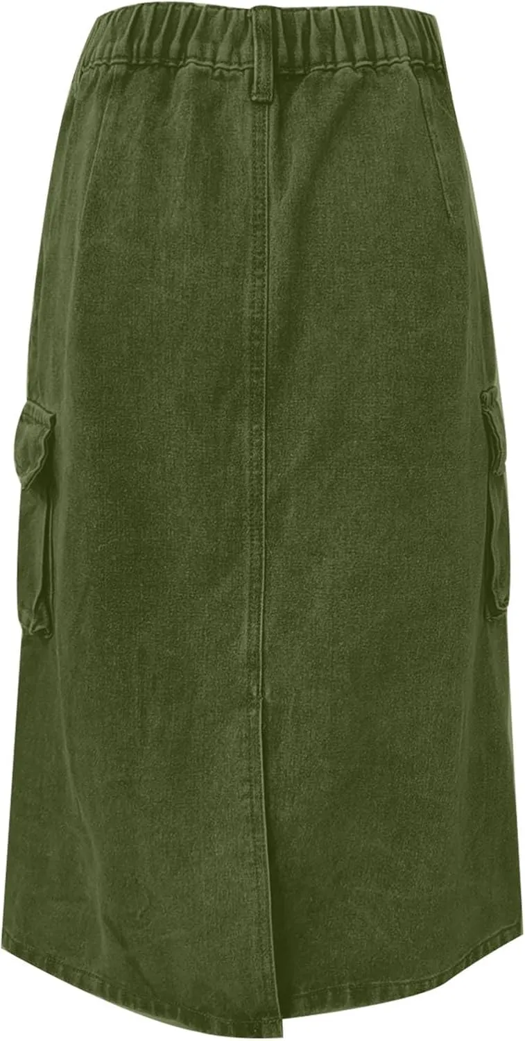 Womens Casual Denim Skirt Button High Waisted Split A-line Midi Skirt Bodycon Pencil Jean Skirt with 2 Flap Pockets
