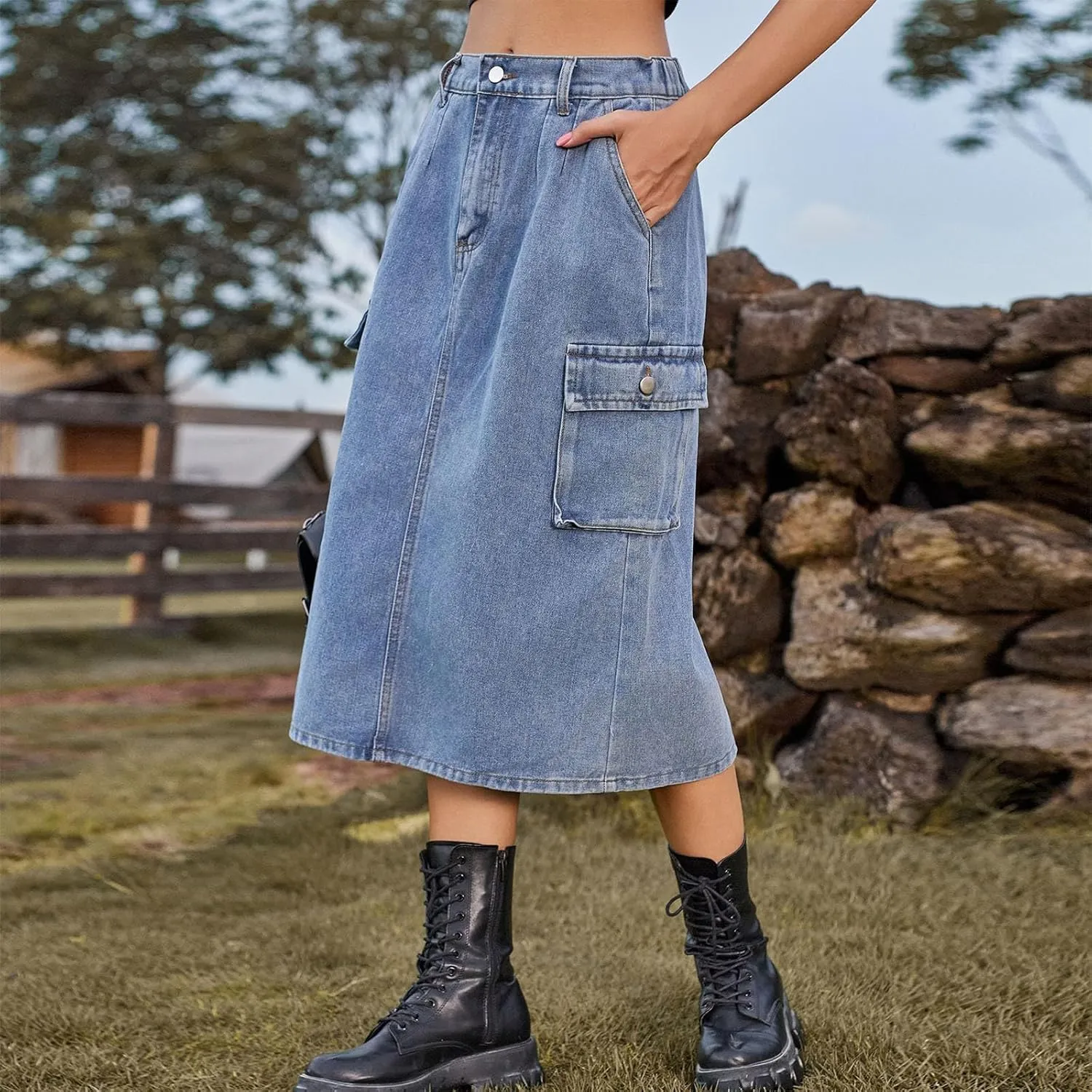Womens Casual Denim Skirt Button High Waisted Split A-line Midi Skirt Bodycon Pencil Jean Skirt with 2 Flap Pockets