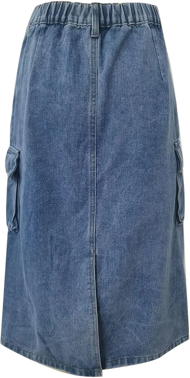 Womens Casual Denim Skirt Button High Waisted Split A-line Midi Skirt Bodycon Pencil Jean Skirt with 2 Flap Pockets