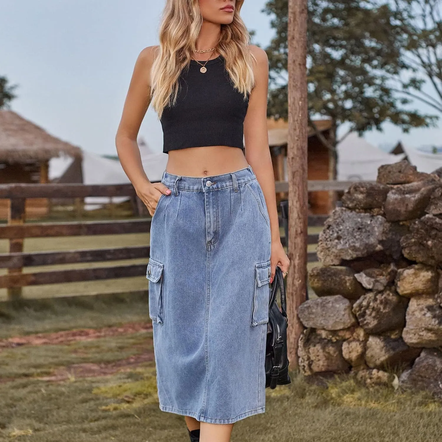 Womens Casual Denim Skirt Button High Waisted Split A-line Midi Skirt Bodycon Pencil Jean Skirt with 2 Flap Pockets