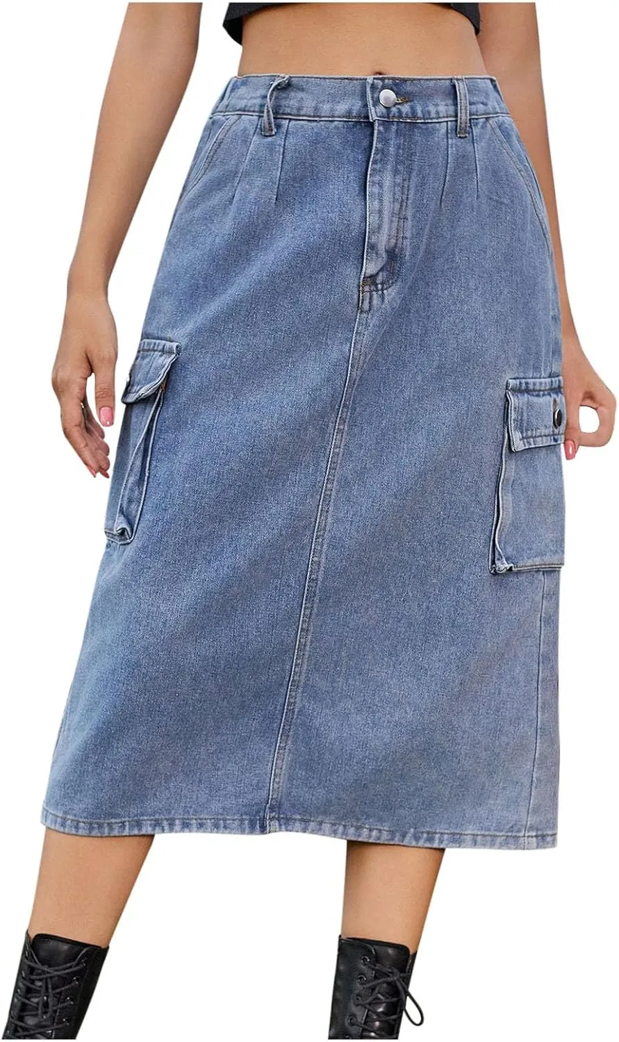 Womens Casual Denim Skirt Button High Waisted Split A-line Midi Skirt Bodycon Pencil Jean Skirt with 2 Flap Pockets