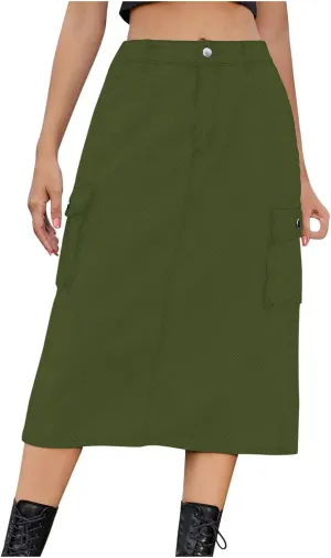 Womens Casual Denim Skirt Button High Waisted Split A-line Midi Skirt Bodycon Pencil Jean Skirt with 2 Flap Pockets