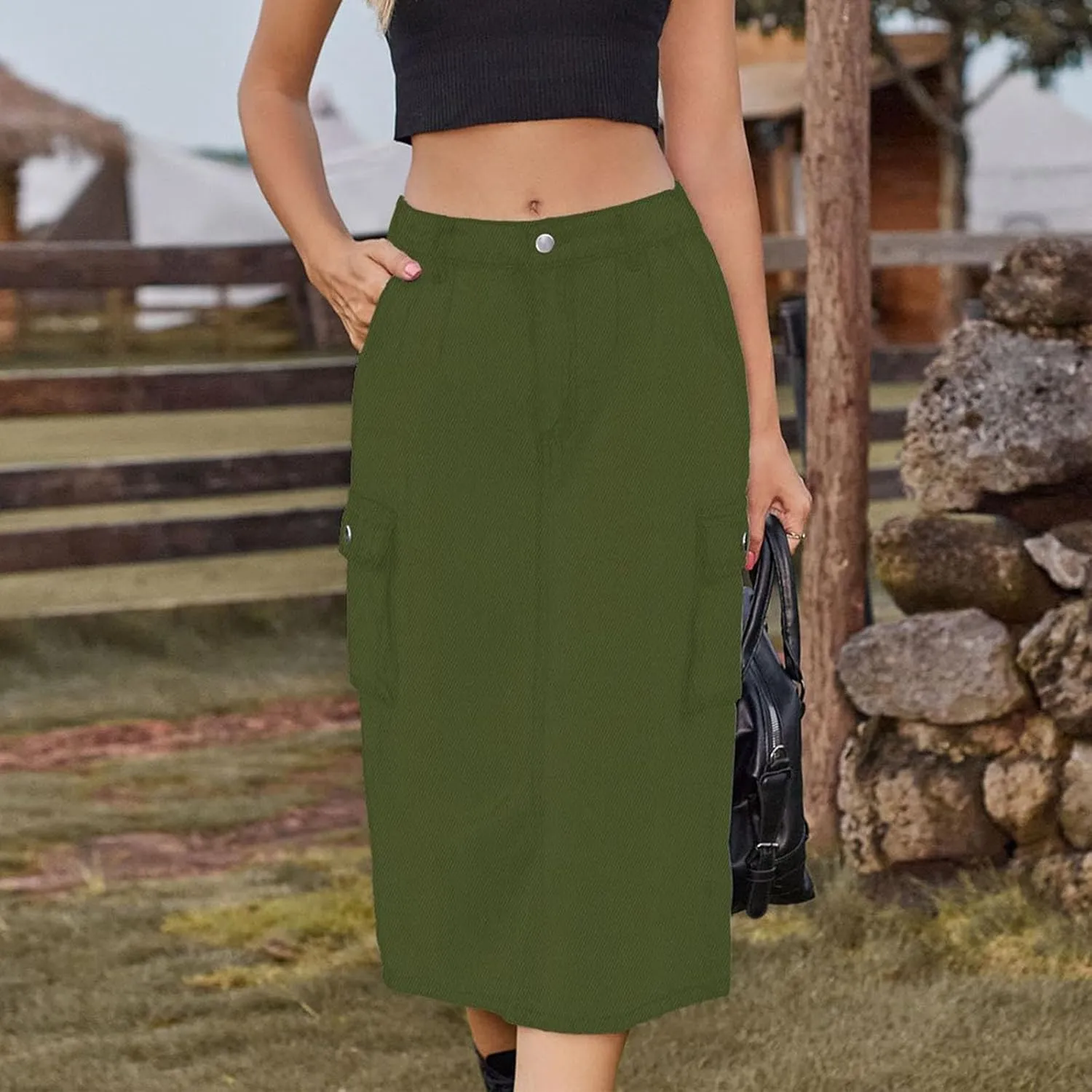 Womens Casual Denim Skirt Button High Waisted Split A-line Midi Skirt Bodycon Pencil Jean Skirt with 2 Flap Pockets