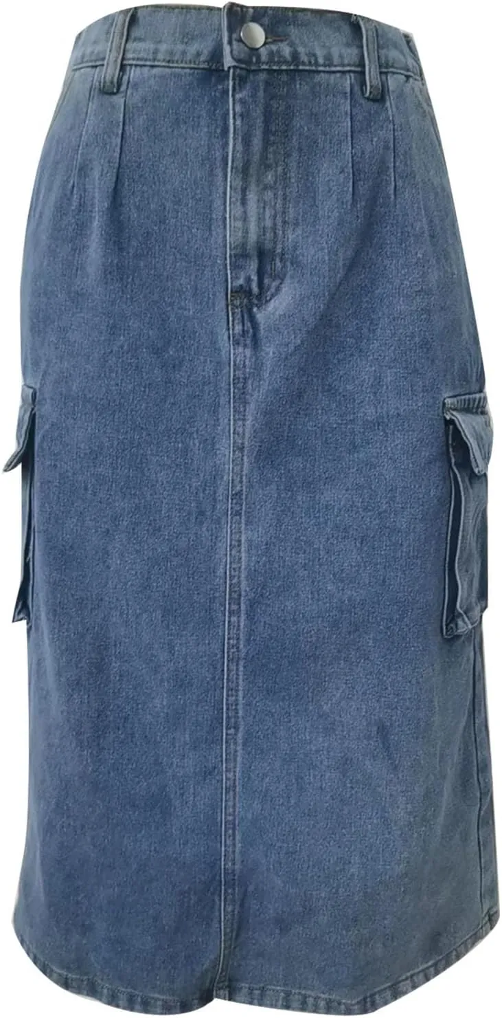 Womens Casual Denim Skirt Button High Waisted Split A-line Midi Skirt Bodycon Pencil Jean Skirt with 2 Flap Pockets